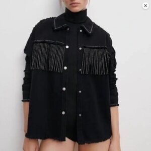 Zara Black Denim Fringe Rhinestone Western Shirt Jacket